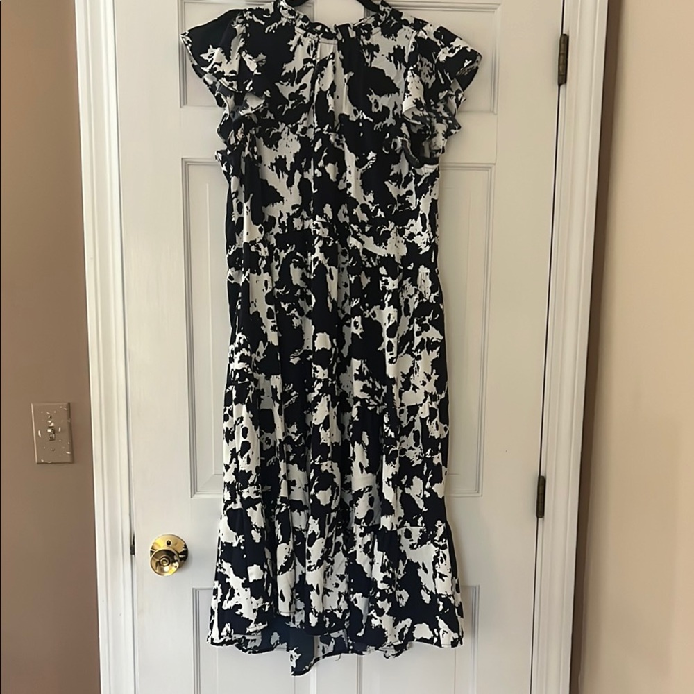 Navy and White Mock Neck Flutter Sleeve Midi Dress